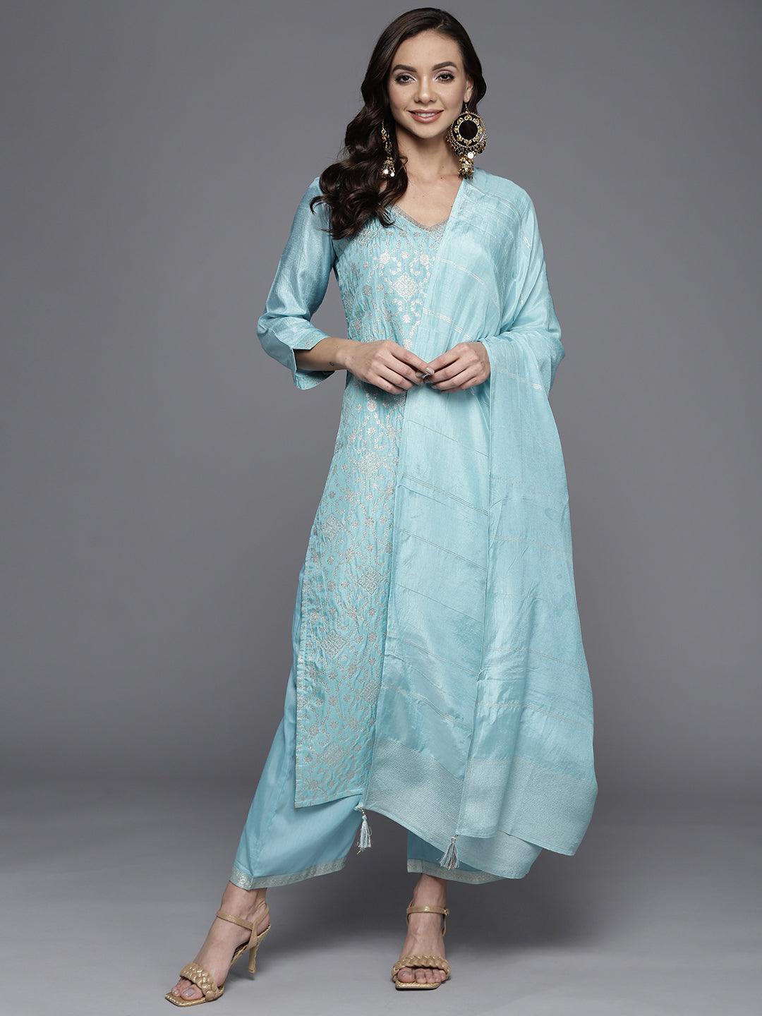 Blue Woven Design Silk Blend Straight Suit Set - ShopLibas