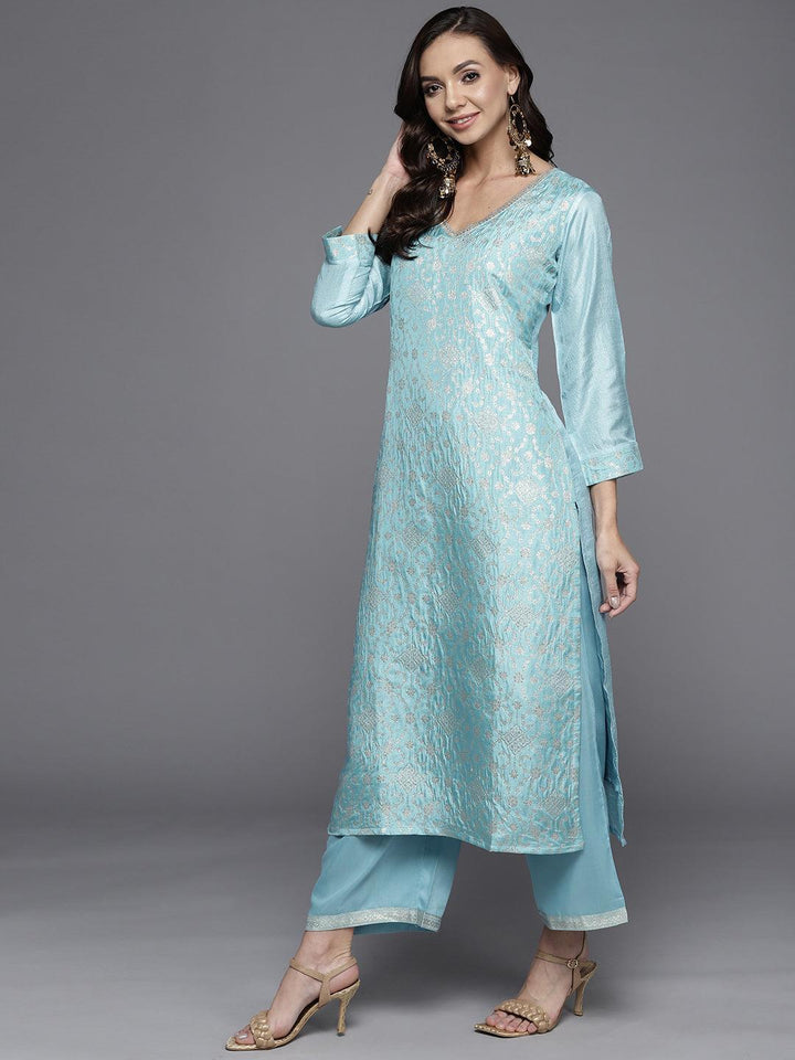 Blue Woven Design Silk Blend Straight Suit Set - ShopLibas