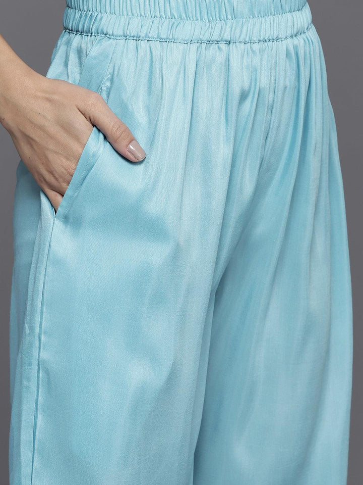Blue Woven Design Silk Blend Straight Suit Set - ShopLibas