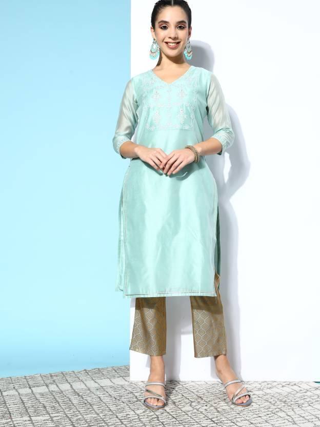 Blue Yoke Design Chanderi Cotton Straight Kurta - ShopLibas