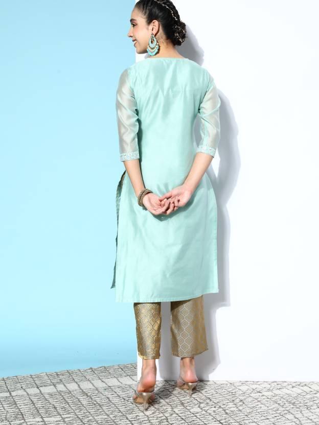 Blue Yoke Design Chanderi Cotton Straight Kurta - ShopLibas