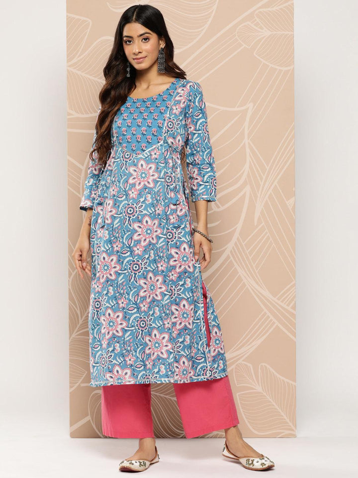 Blue Yoke Design Cotton A-Line Kurta