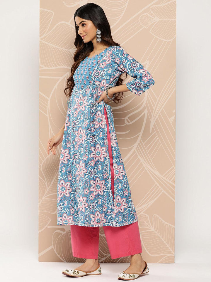 Blue Yoke Design Cotton A-Line Kurta