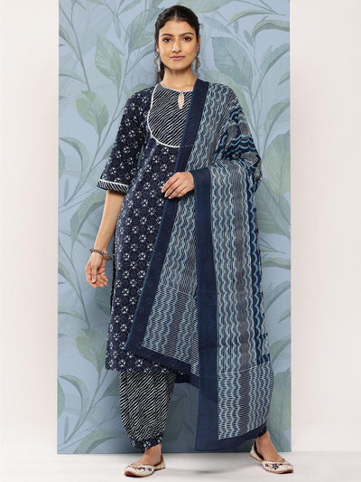 Blue Yoke Design Cotton Straight Suit Set With Salwar - Libas