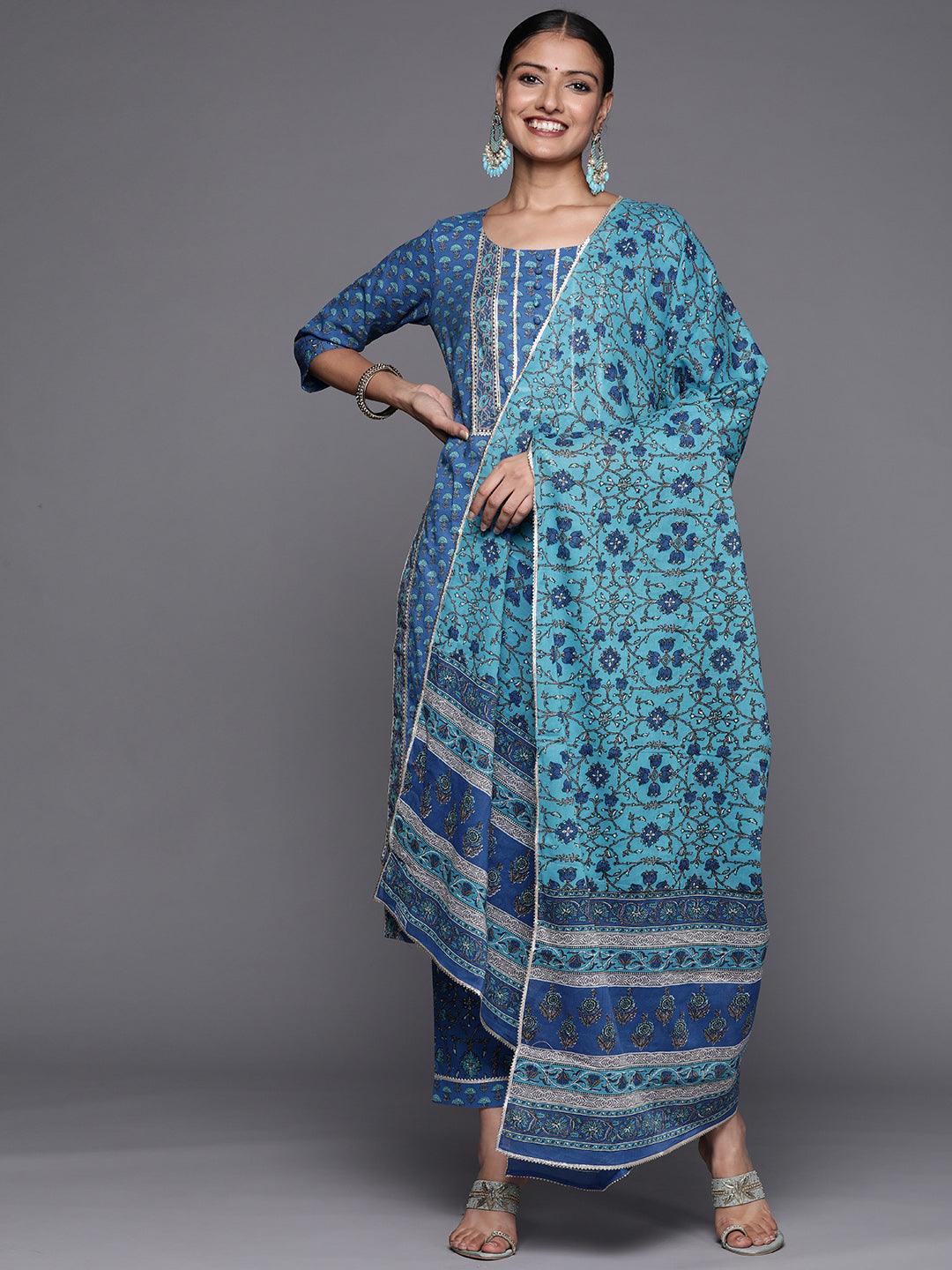 Blue Yoke Design Cotton Straight Suit Set - ShopLibas
