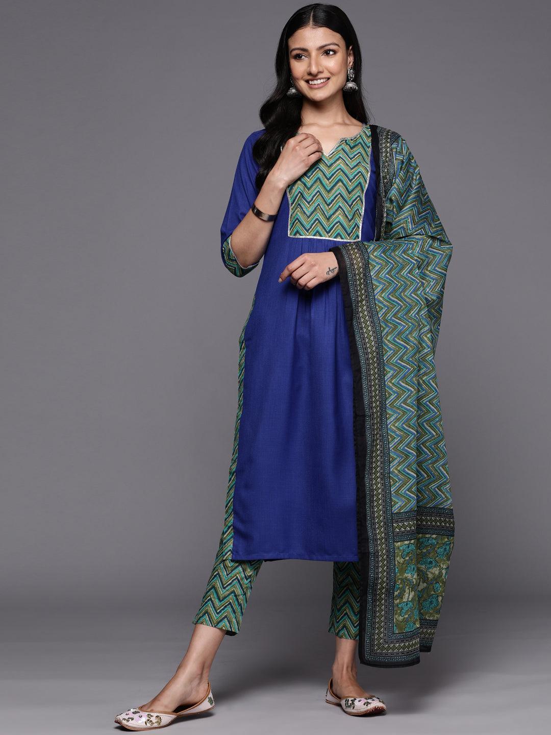 Blue Yoke Design Cotton Straight Suit Set With Trousers - ShopLibas