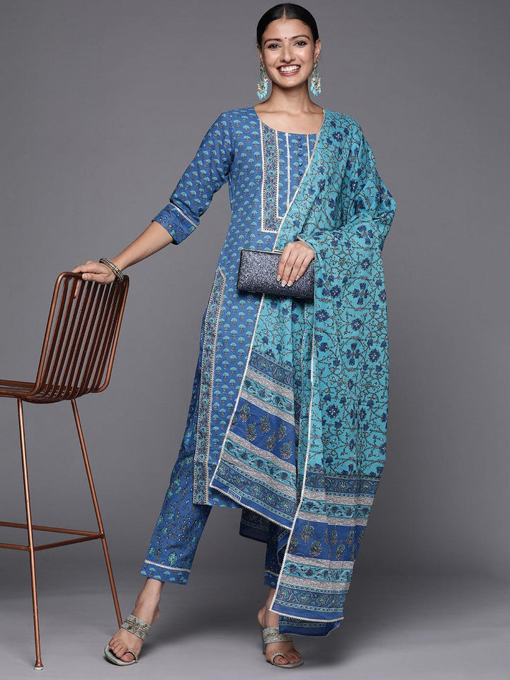 Blue Yoke Design Cotton Straight Suit Set - ShopLibas