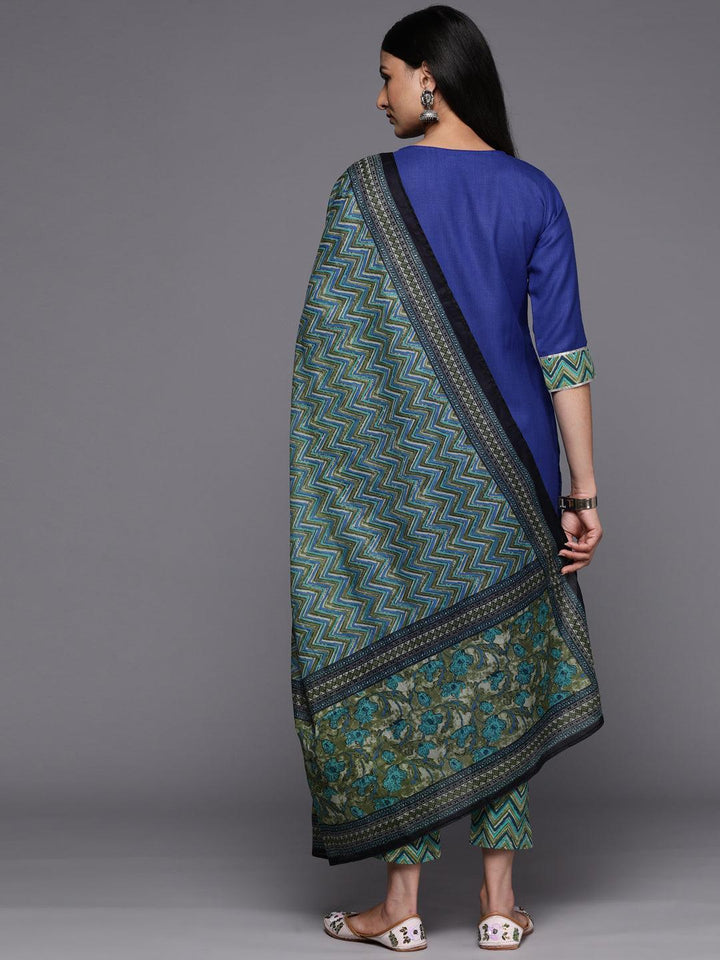 Blue Yoke Design Cotton Straight Suit Set With Trousers - ShopLibas
