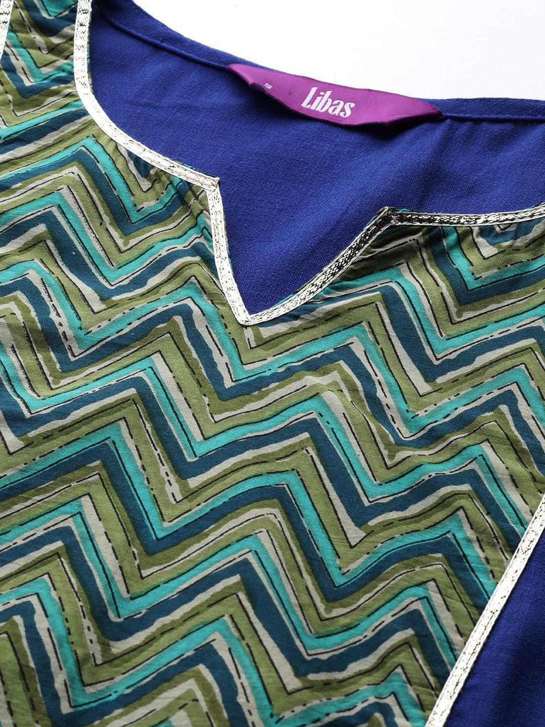 Blue Yoke Design Cotton Straight Suit Set With Trousers - ShopLibas