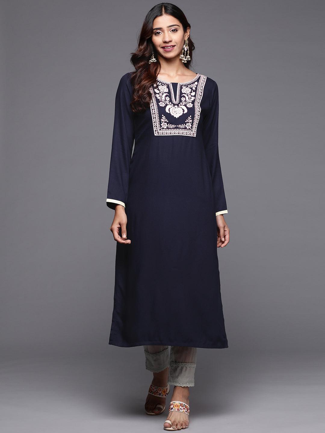 Blue Yoke Design Pashmina Wool Straight Kurta - Libas