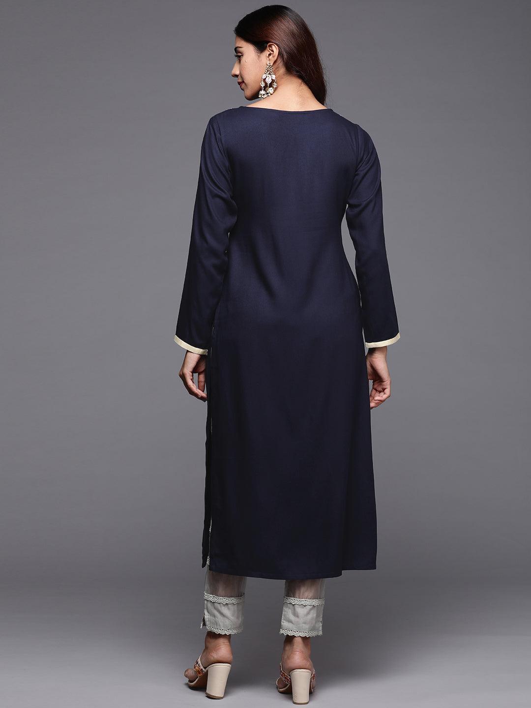 Blue Yoke Design Pashmina Wool Straight Kurta - Libas 