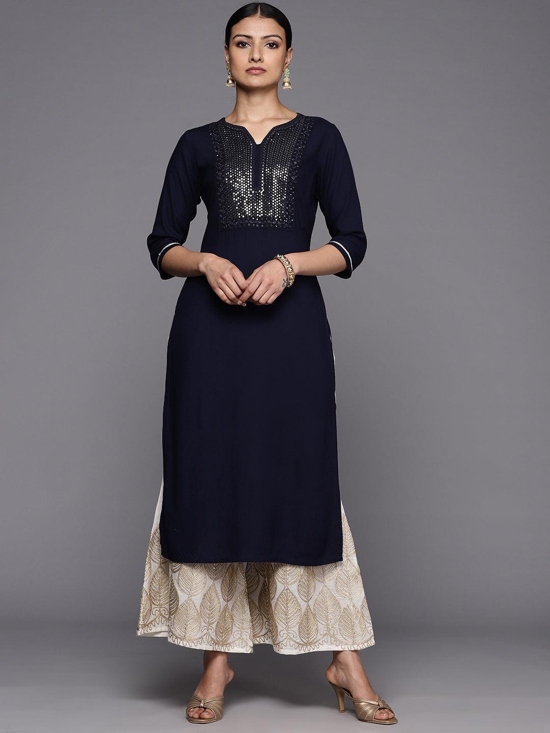 Blue Yoke Design Rayon Straight Kurta - ShopLibas