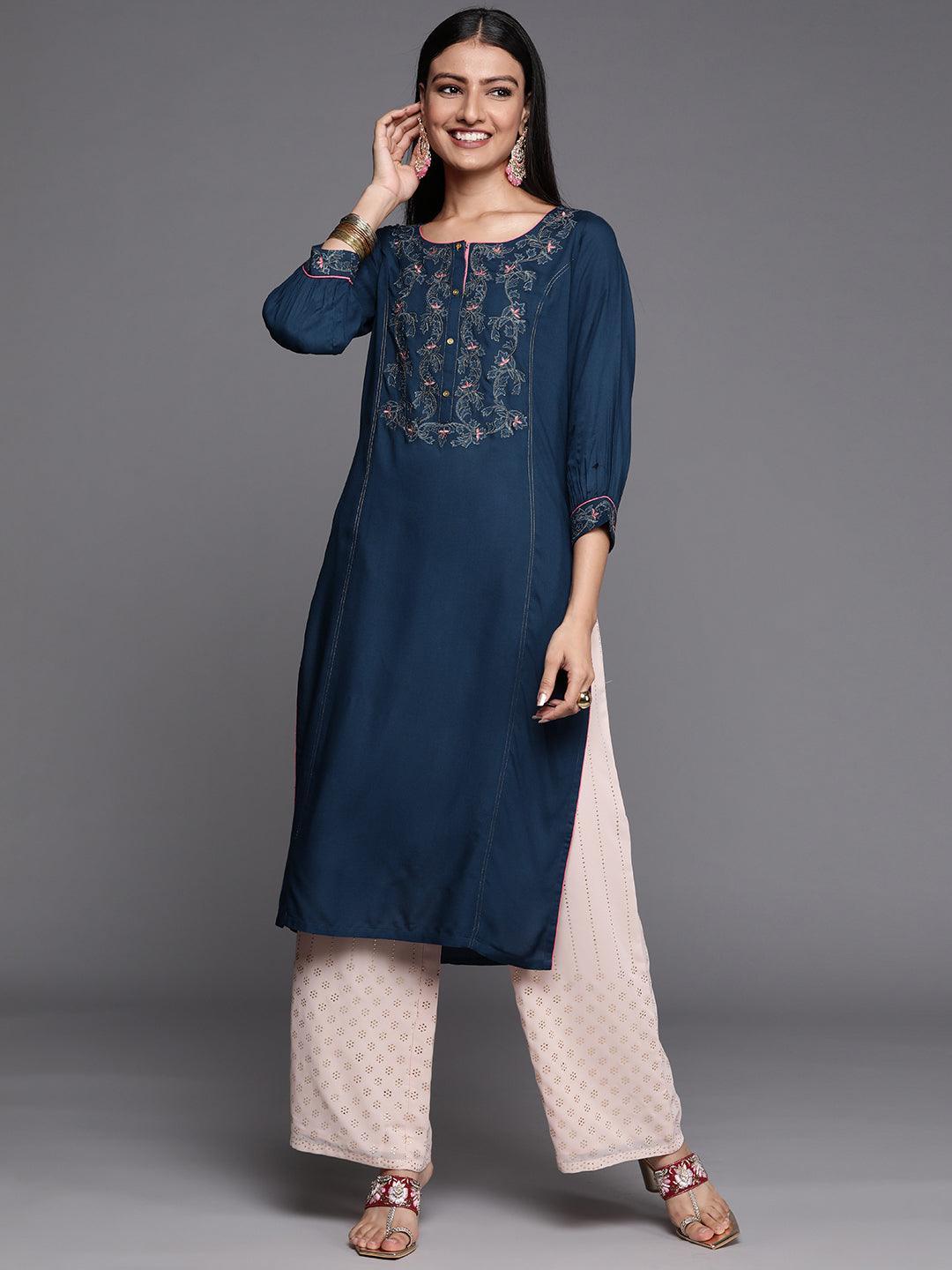 Blue Yoke Design Rayon Straight Kurta - ShopLibas
