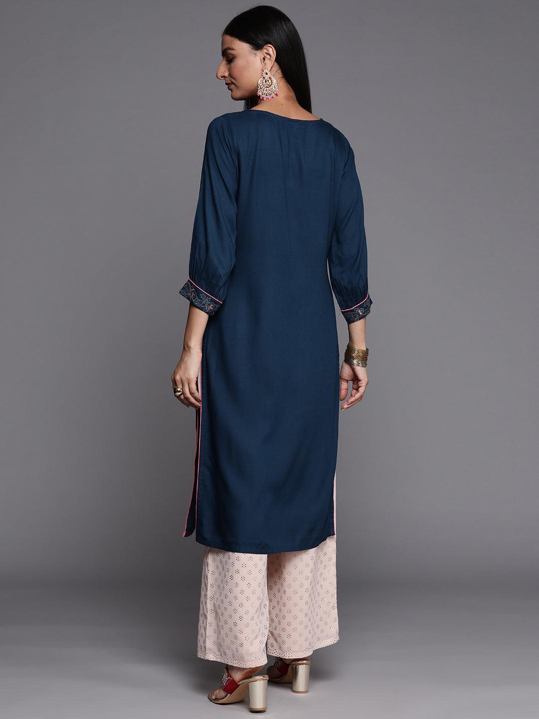 Blue Yoke Design Rayon Straight Kurta - ShopLibas 