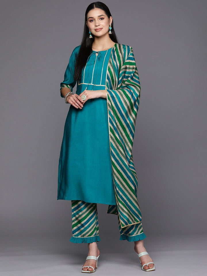Blue Yoke Design Silk Blend Straight Suit Set With Trousers - ShopLibas