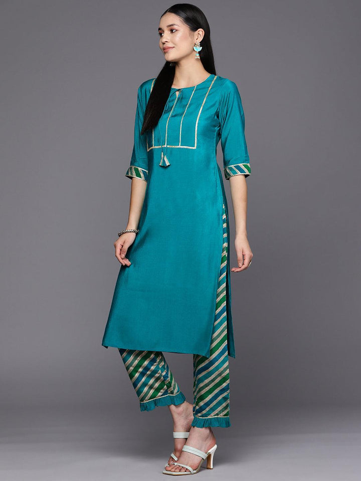 Blue Yoke Design Silk Blend Straight Suit Set With Trousers - ShopLibas