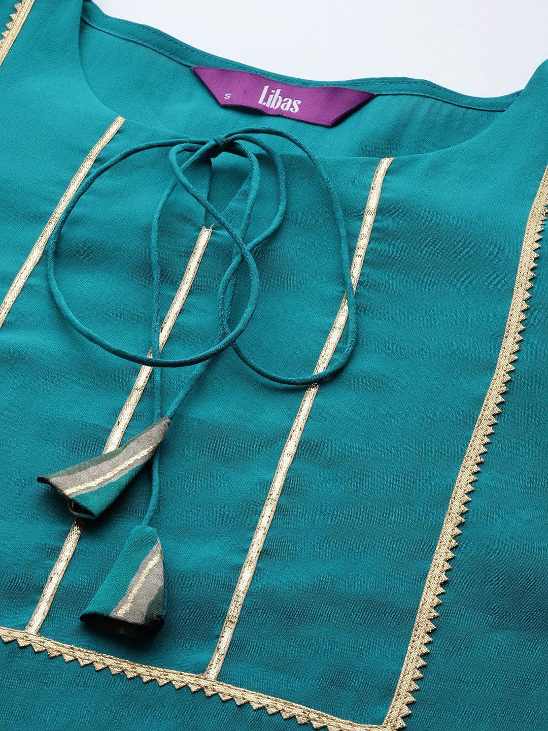 Blue Yoke Design Silk Blend Straight Suit Set With Trousers - ShopLibas