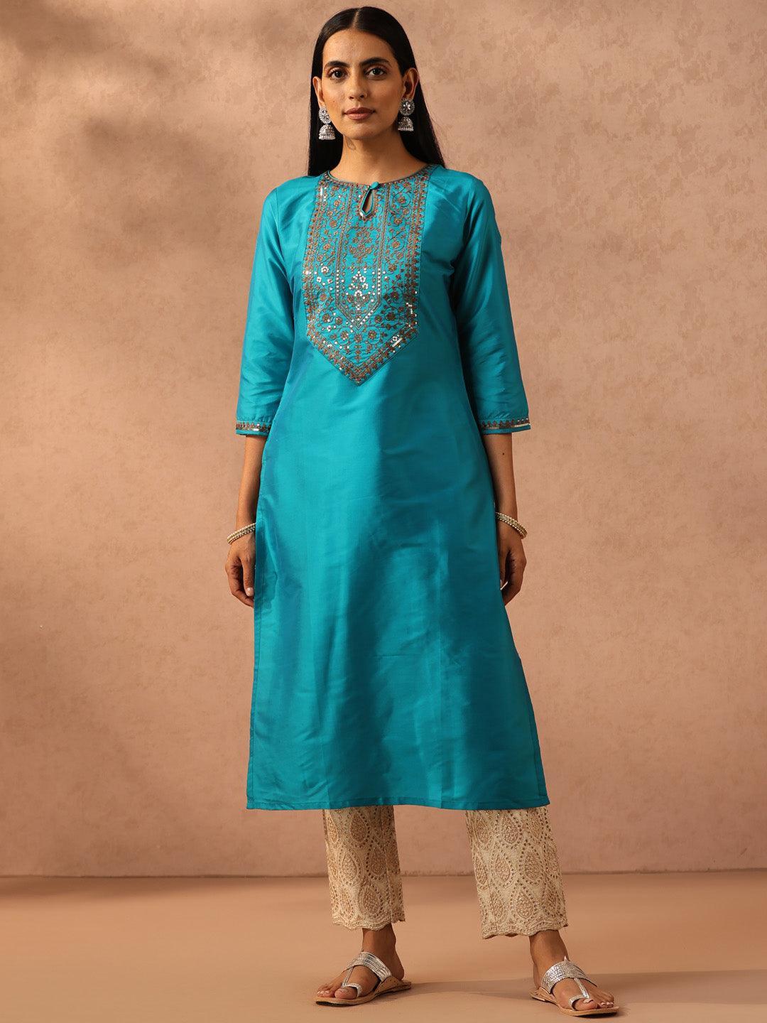 Blue Yoke Design Silk Straight Kurta - ShopLibas
