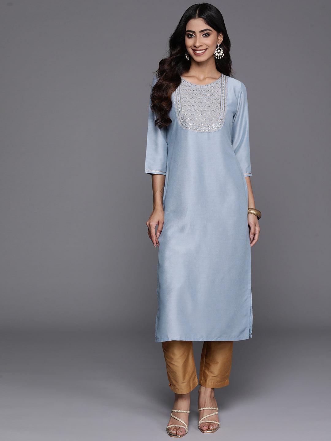Blue Yoke Design Silk Straight Kurta - Libas
