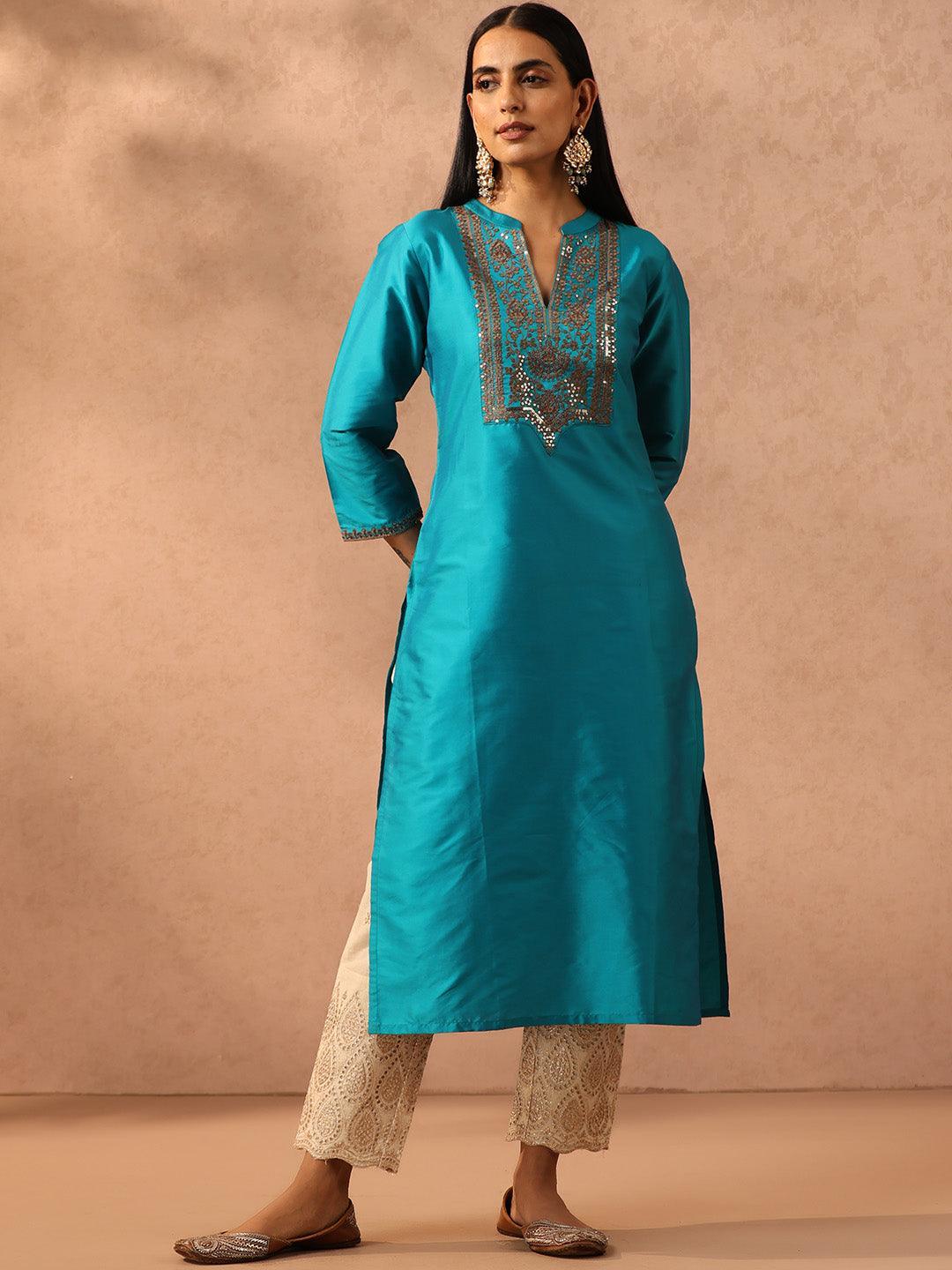 Blue Yoke Design Silk Straight Kurta - ShopLibas
