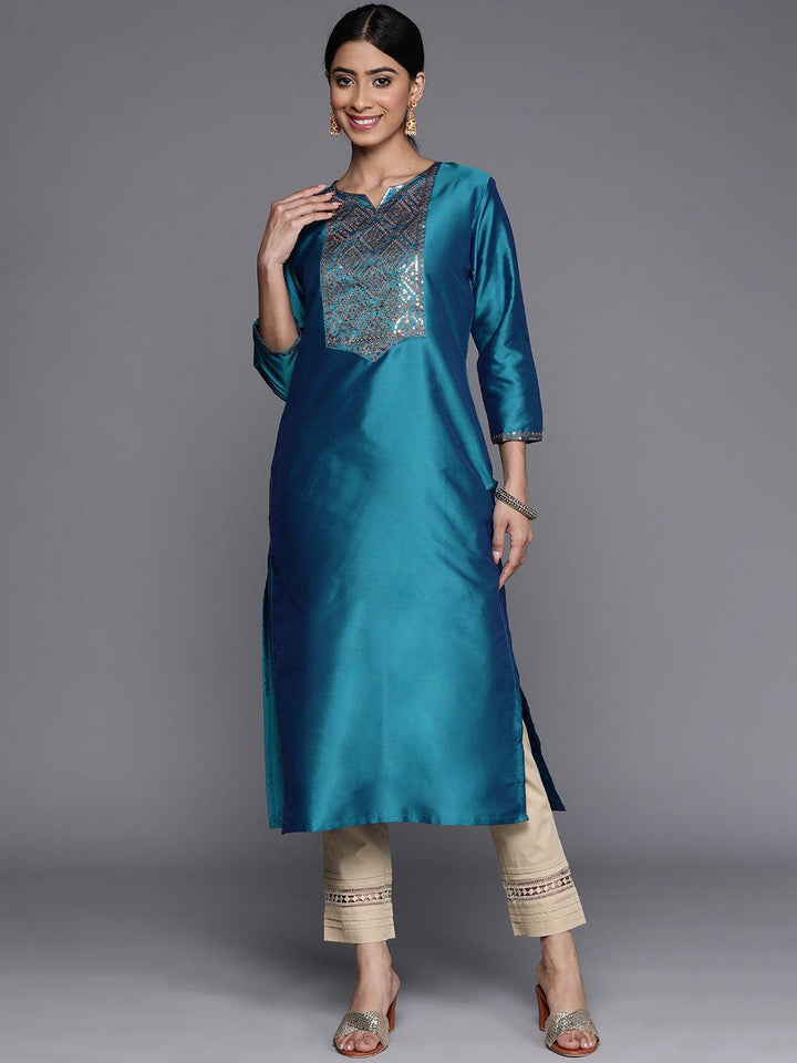 Blue Yoke Design Silk Straight Kurta