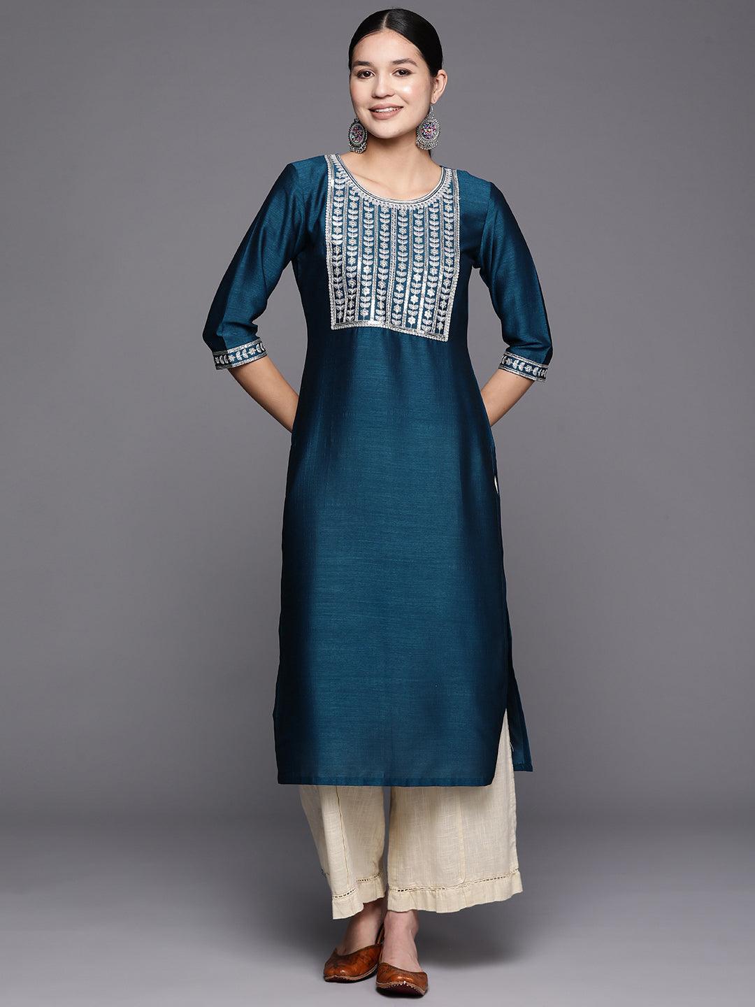 Blue Yoke Design Silk Straight Kurta - ShopLibas