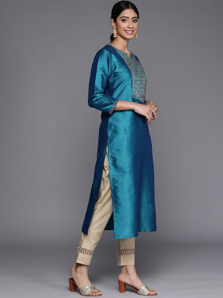Blue Yoke Design Silk Straight Kurta