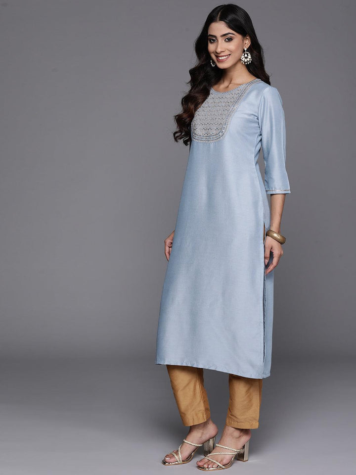 Blue Yoke Design Silk Straight Kurta