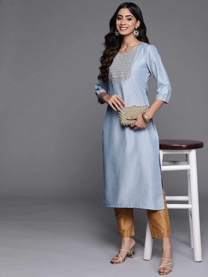 Blue Yoke Design Silk Straight Kurta
