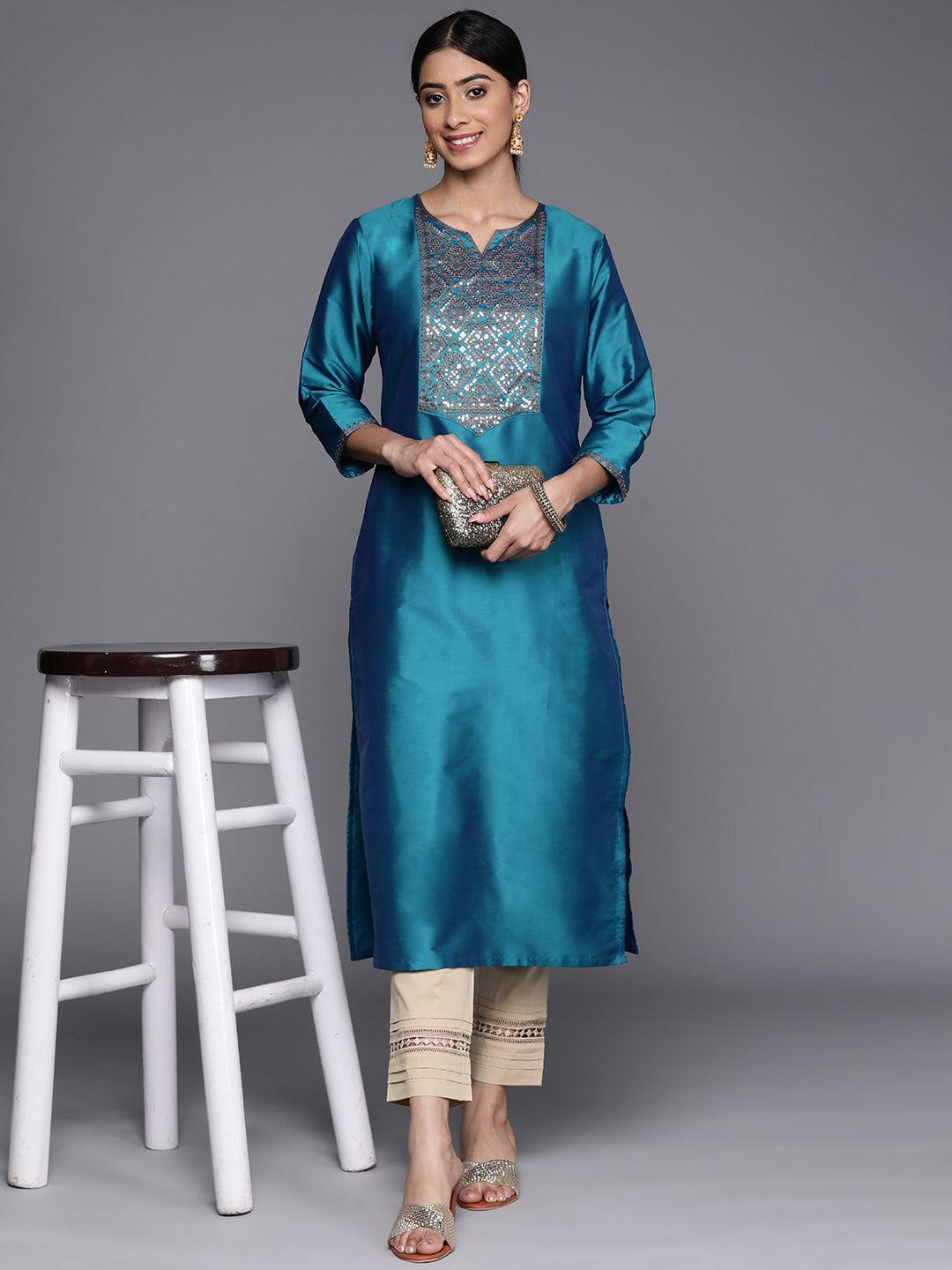 Blue Yoke Design Silk Straight Kurta - Libas 