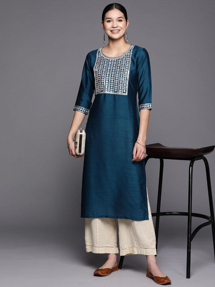 Blue Yoke Design Silk Straight Kurta
