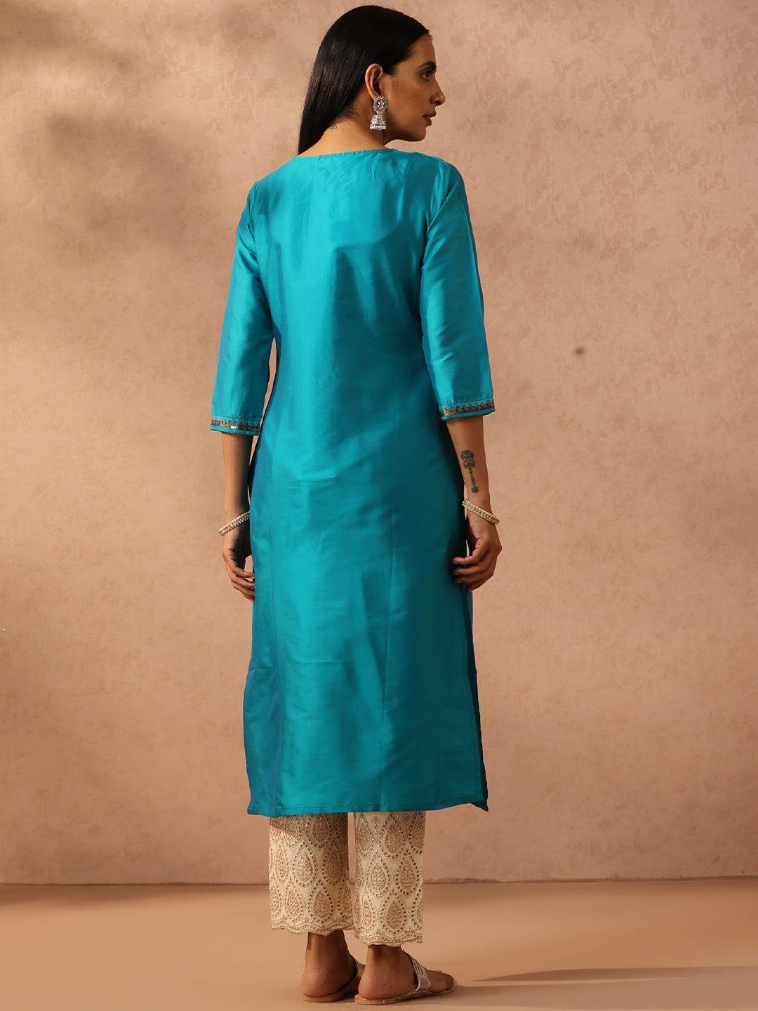 Blue Yoke Design Silk Straight Kurta - ShopLibas 