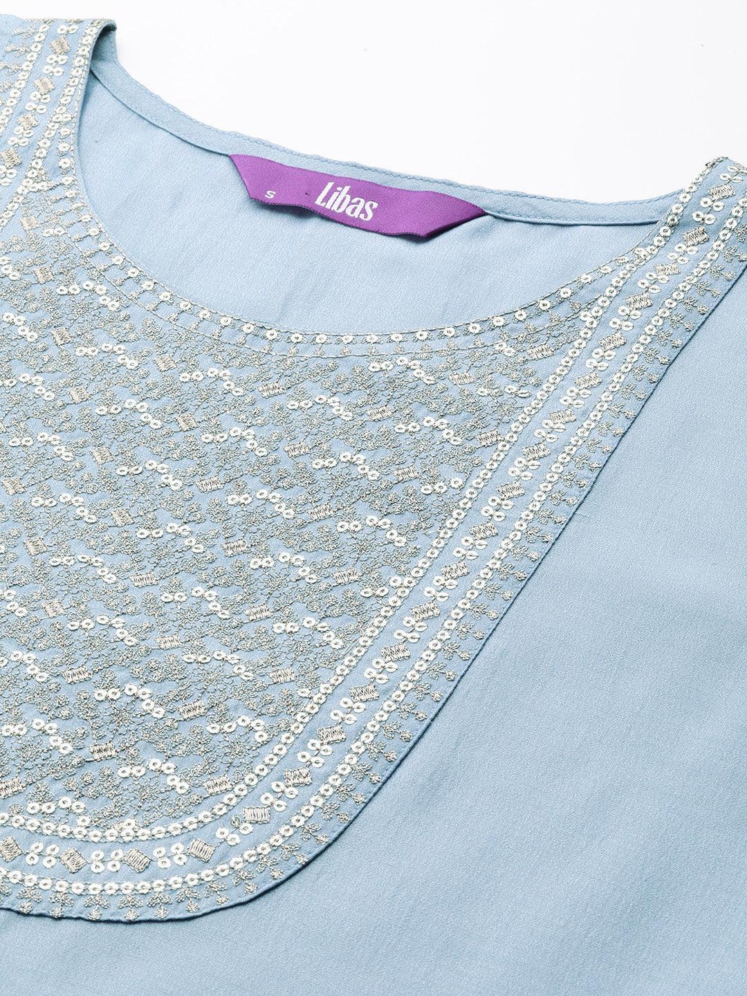 Blue Yoke Design Silk Straight Kurta - Libas 