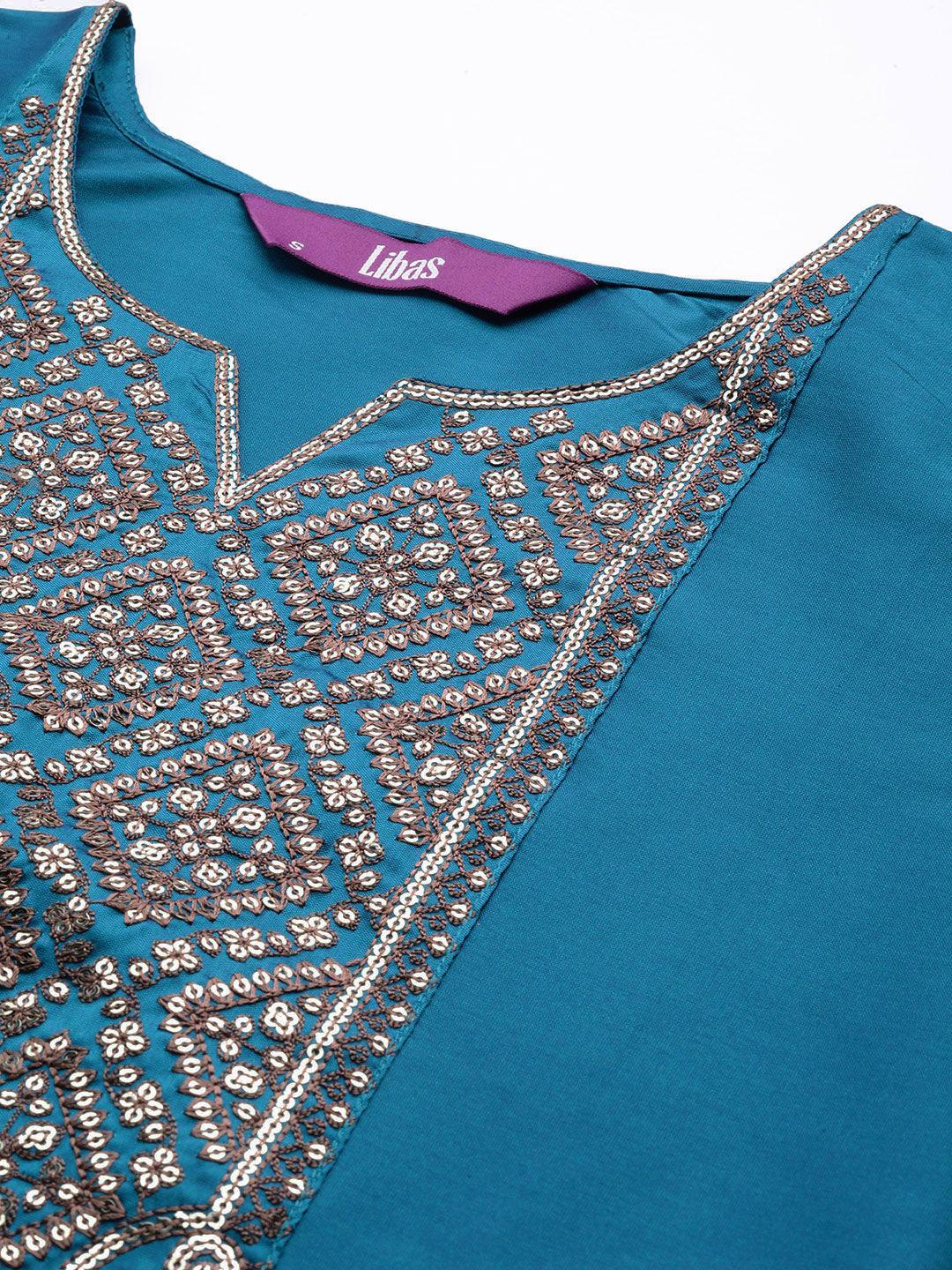 Blue Yoke Design Silk Straight Kurta - Libas 