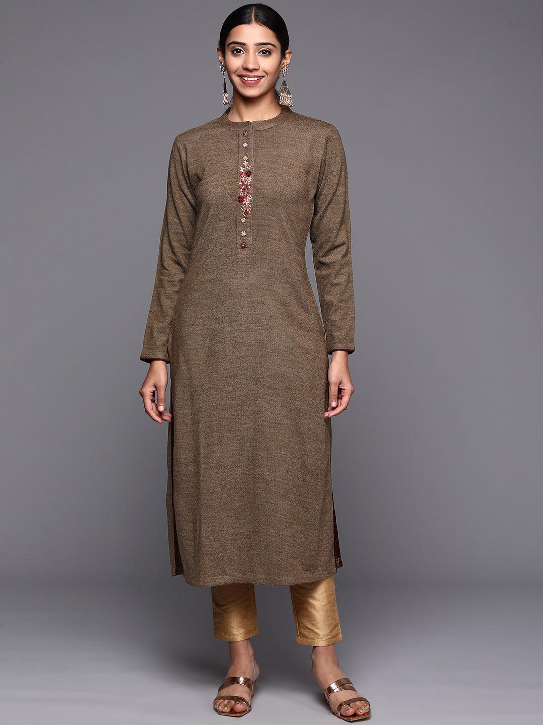 Brown Embroidered Wool Straight Kurta - ShopLibas