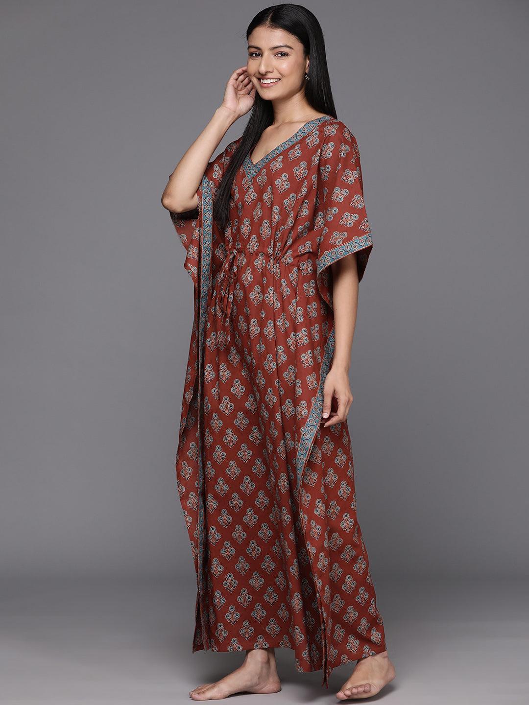 Brown Printed Cotton Night Dress - Libas 