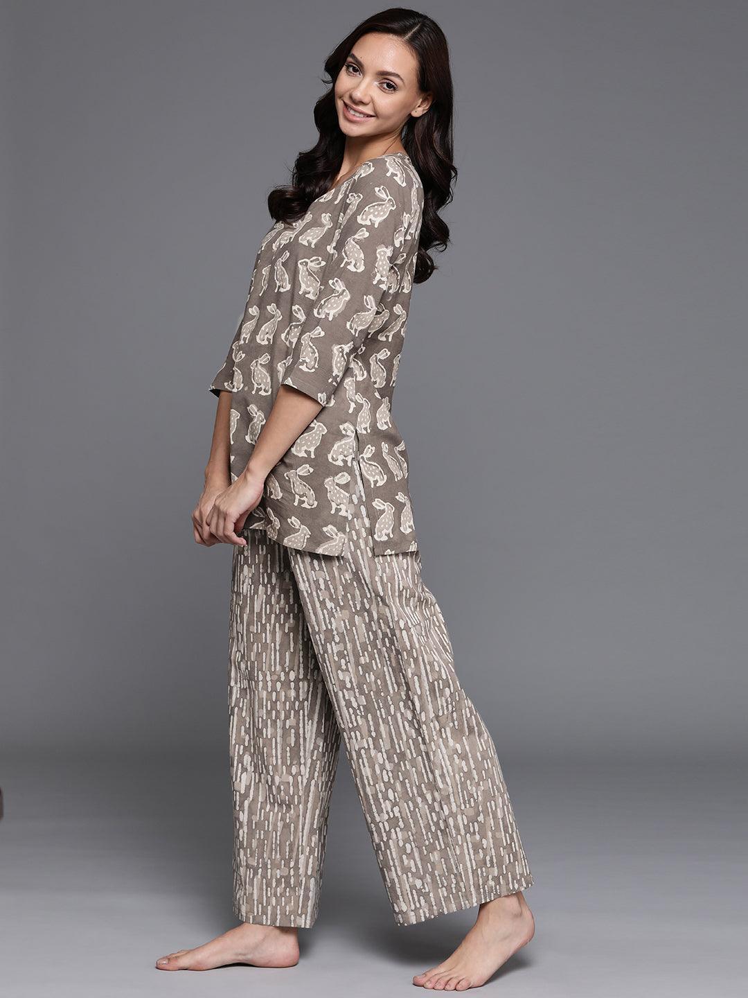 Brown Printed Cotton Night Suit - ShopLibas