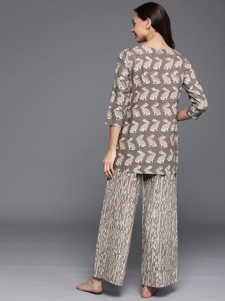 Brown Printed Cotton Night Suit - ShopLibas
