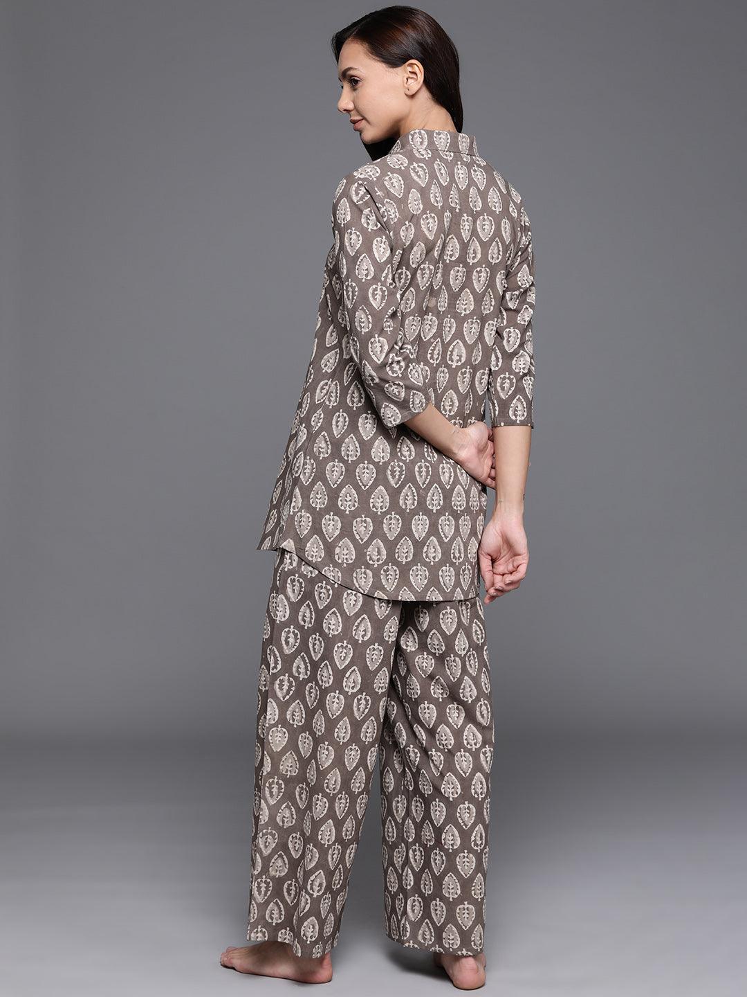 Brown Printed Cotton Night Suit - ShopLibas