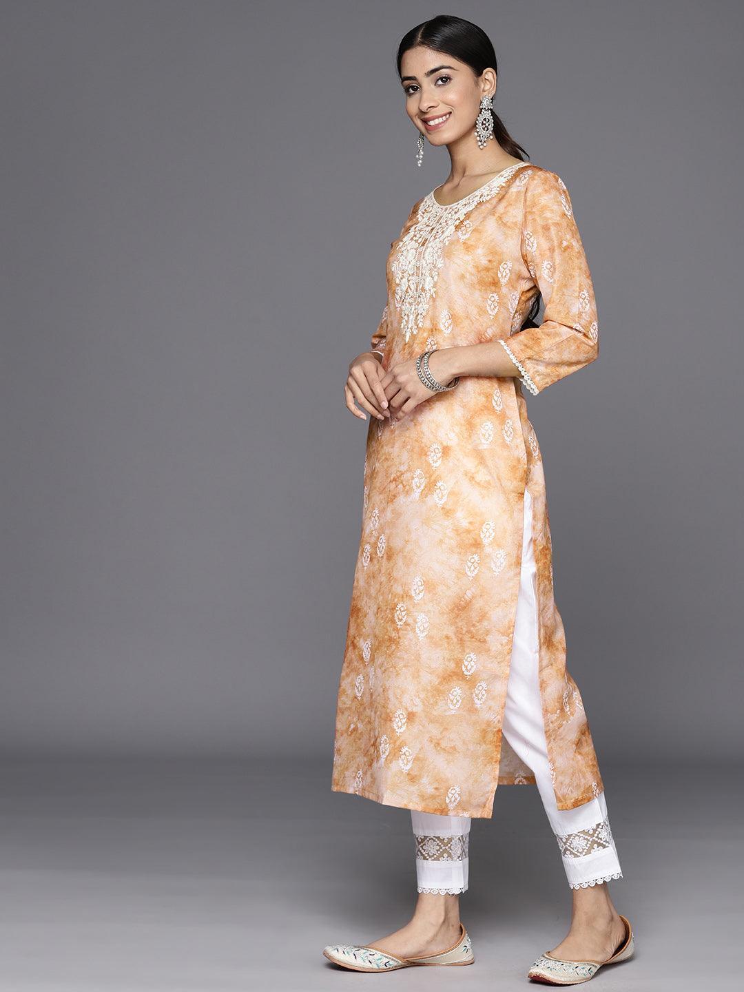 Brown Printed Cotton Straight Kurta - Libas 
