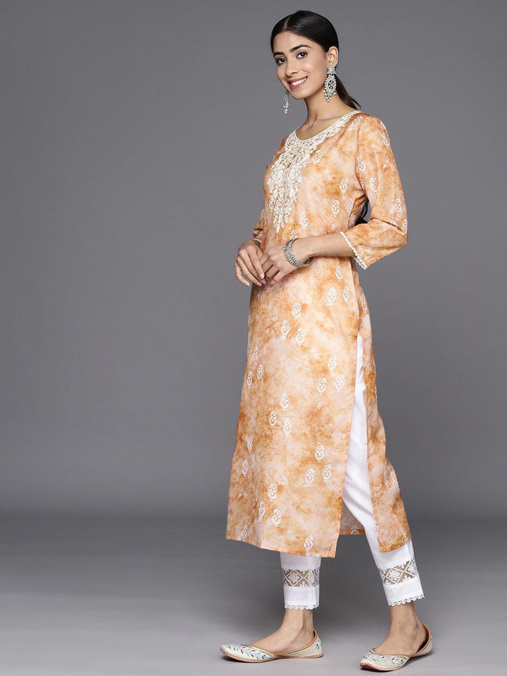 Brown Printed Cotton Straight Kurta