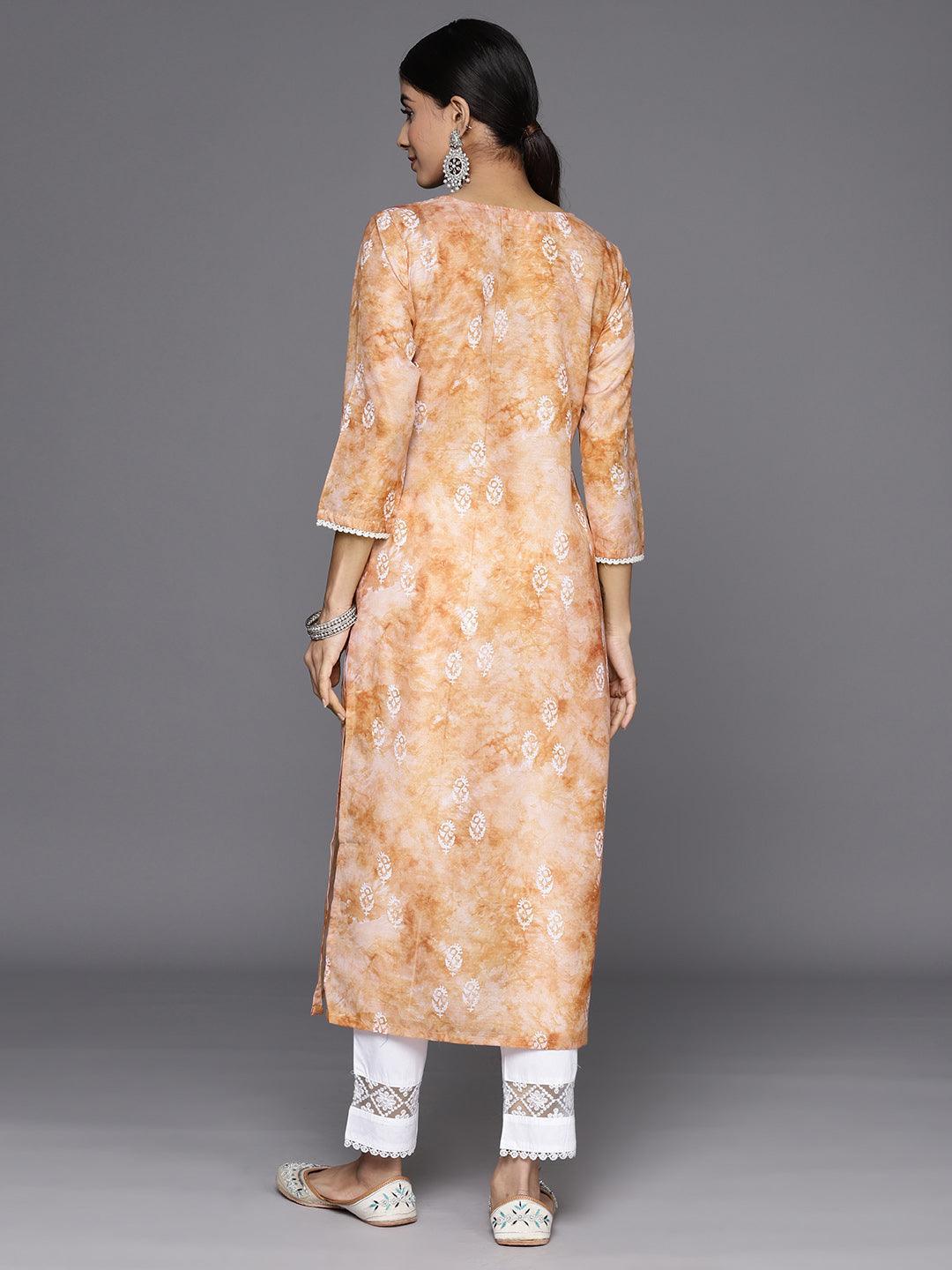 Brown Printed Cotton Straight Kurta - Libas 
