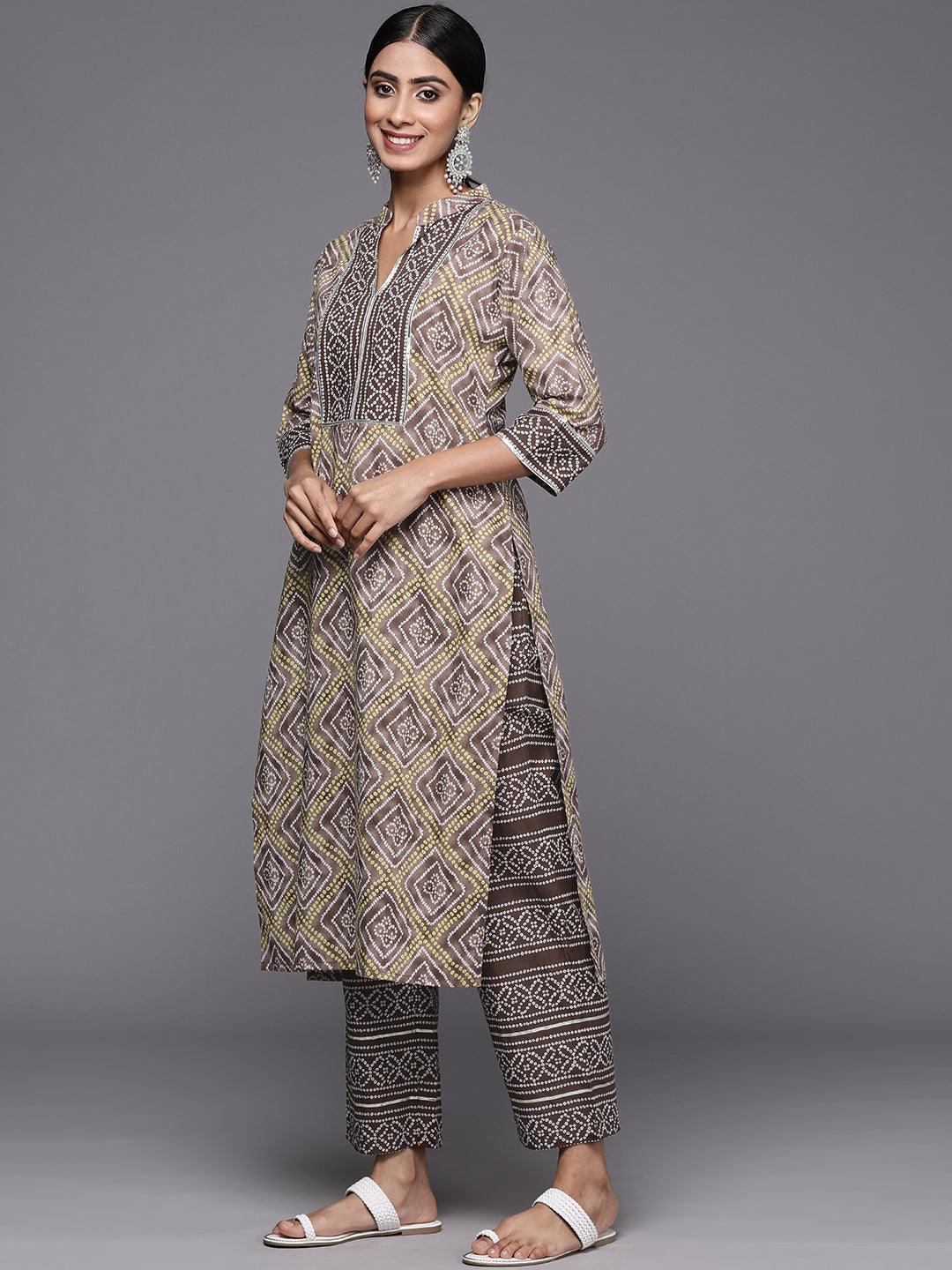 Brown Printed Cotton Straight Kurta With Trousers & Dupatta - Libas 