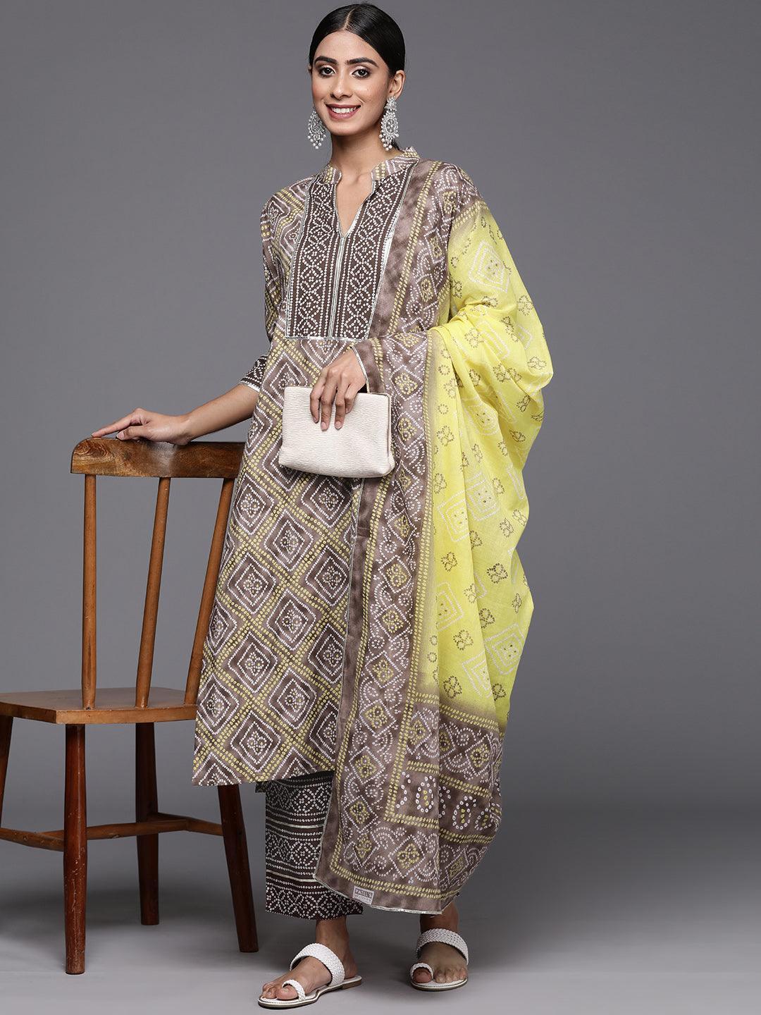 Brown Printed Cotton Straight Kurta With Trousers & Dupatta - Libas 