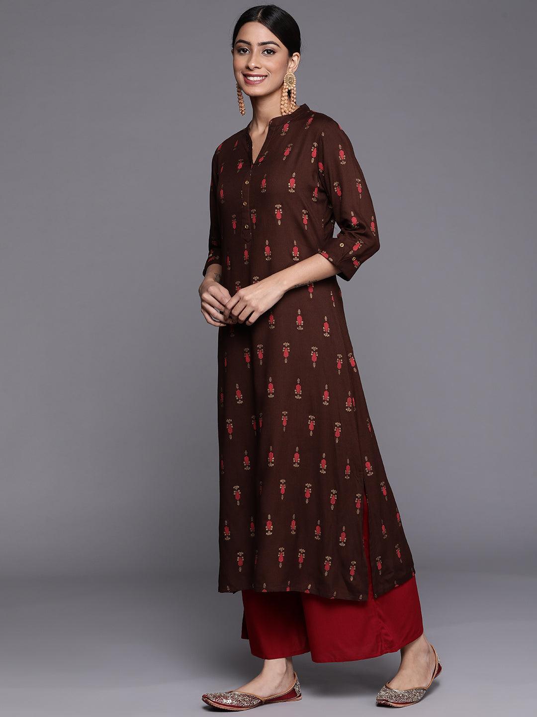 Brown Printed Rayon Straight Kurta - Libas 