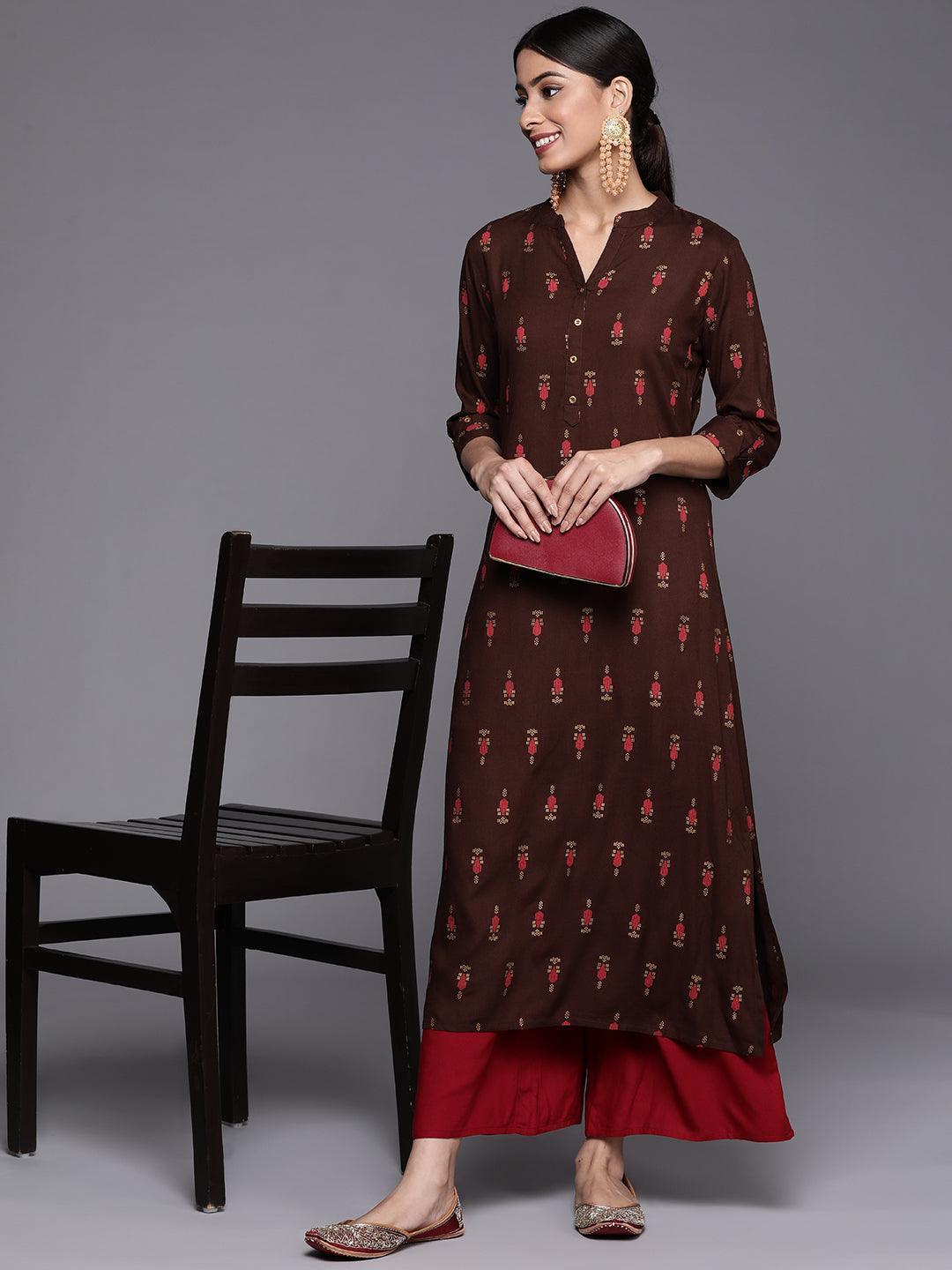 Brown Printed Rayon Straight Kurta - Libas 