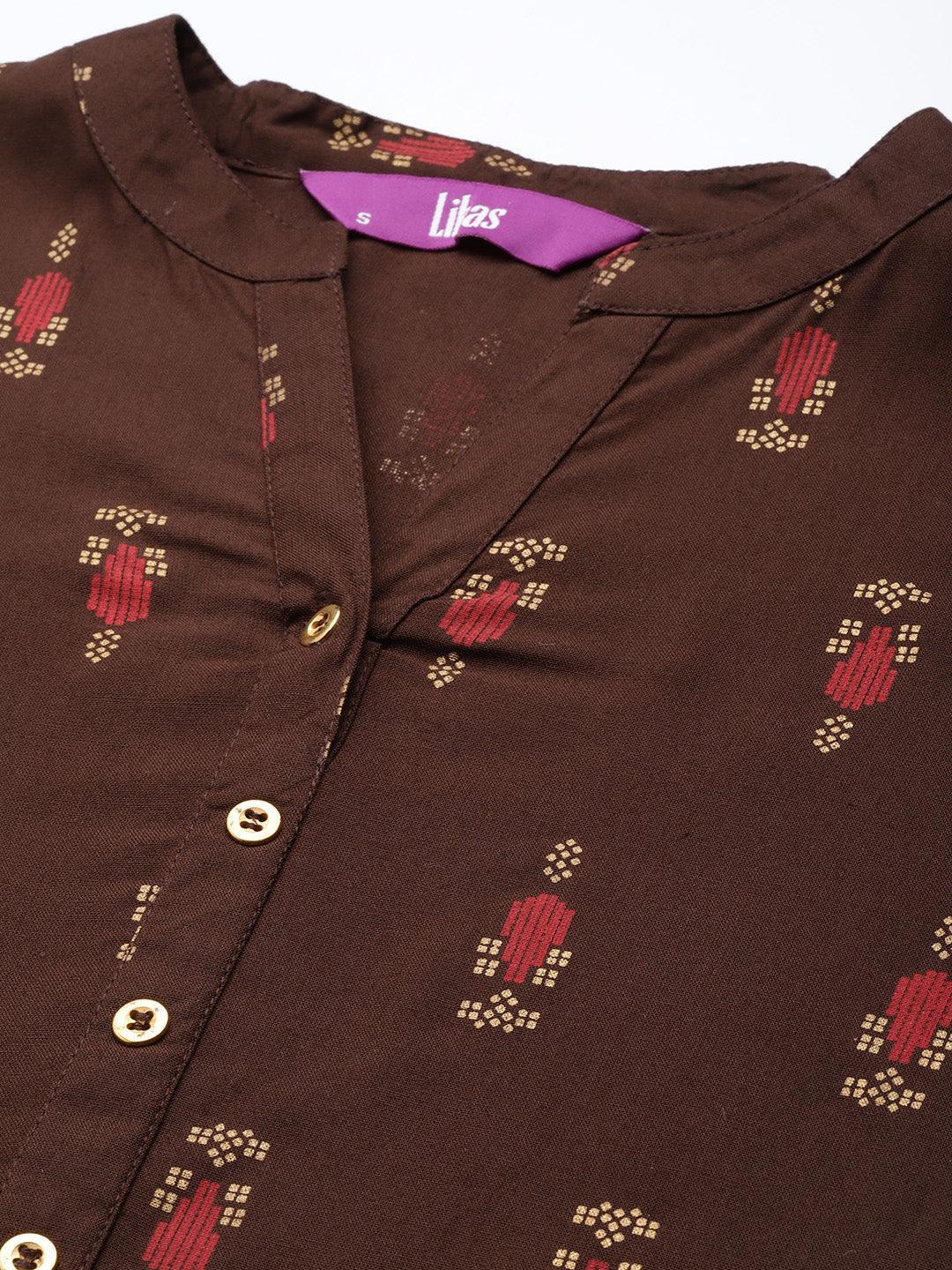 Brown Printed Rayon Straight Kurta - Libas 