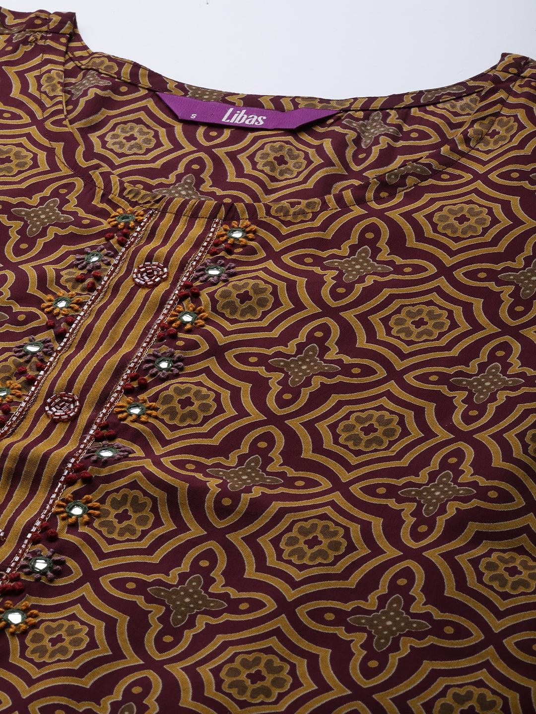 Brown Printed Silk Blend Straight Suit Set - ShopLibas 