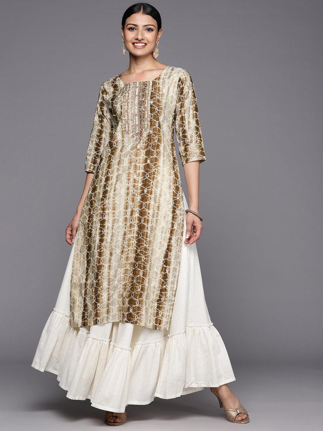 Brown Printed Silk Straight Kurta - ShopLibas