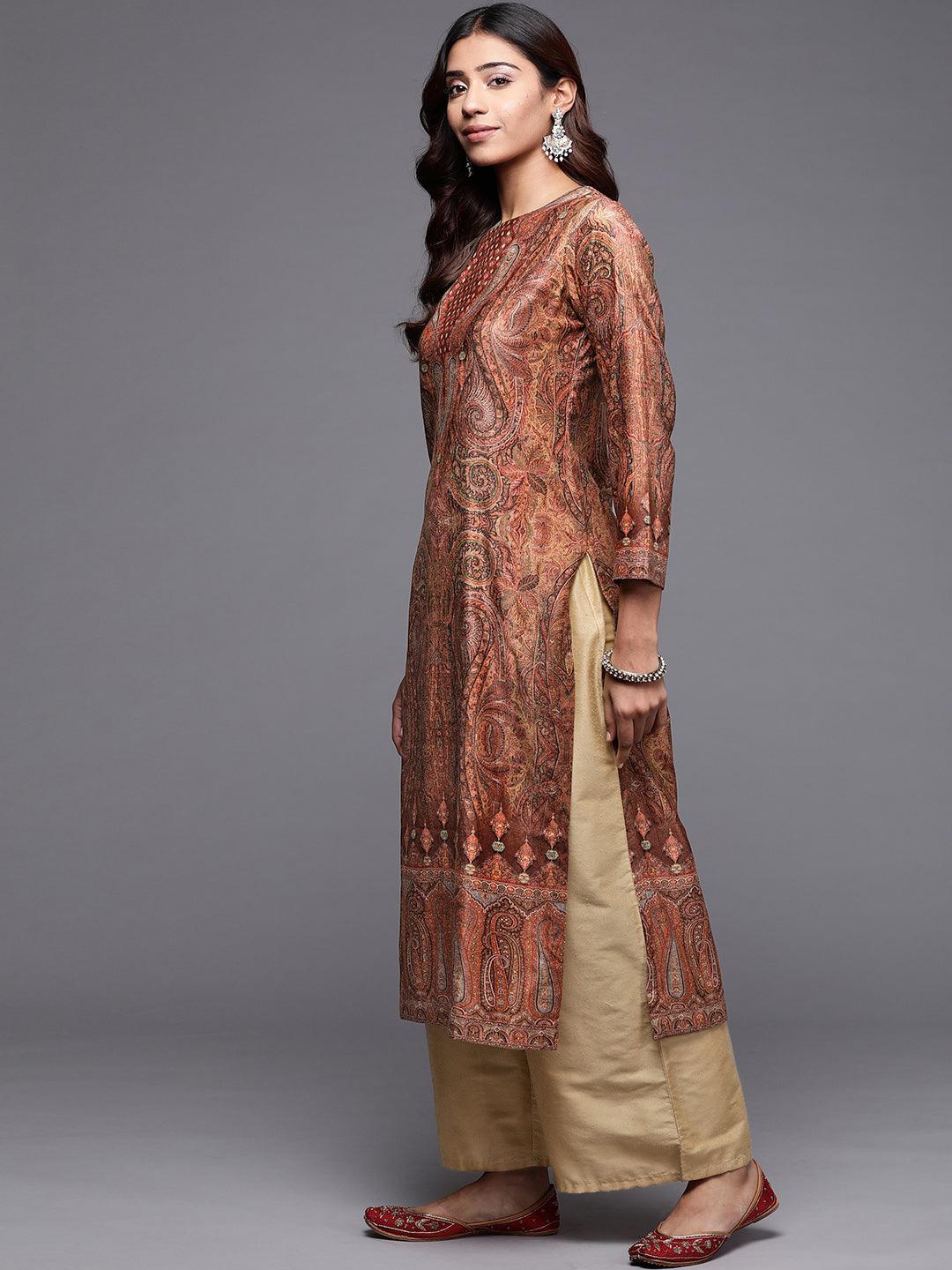 Brown Printed Velvet Straight Kurta - Libas